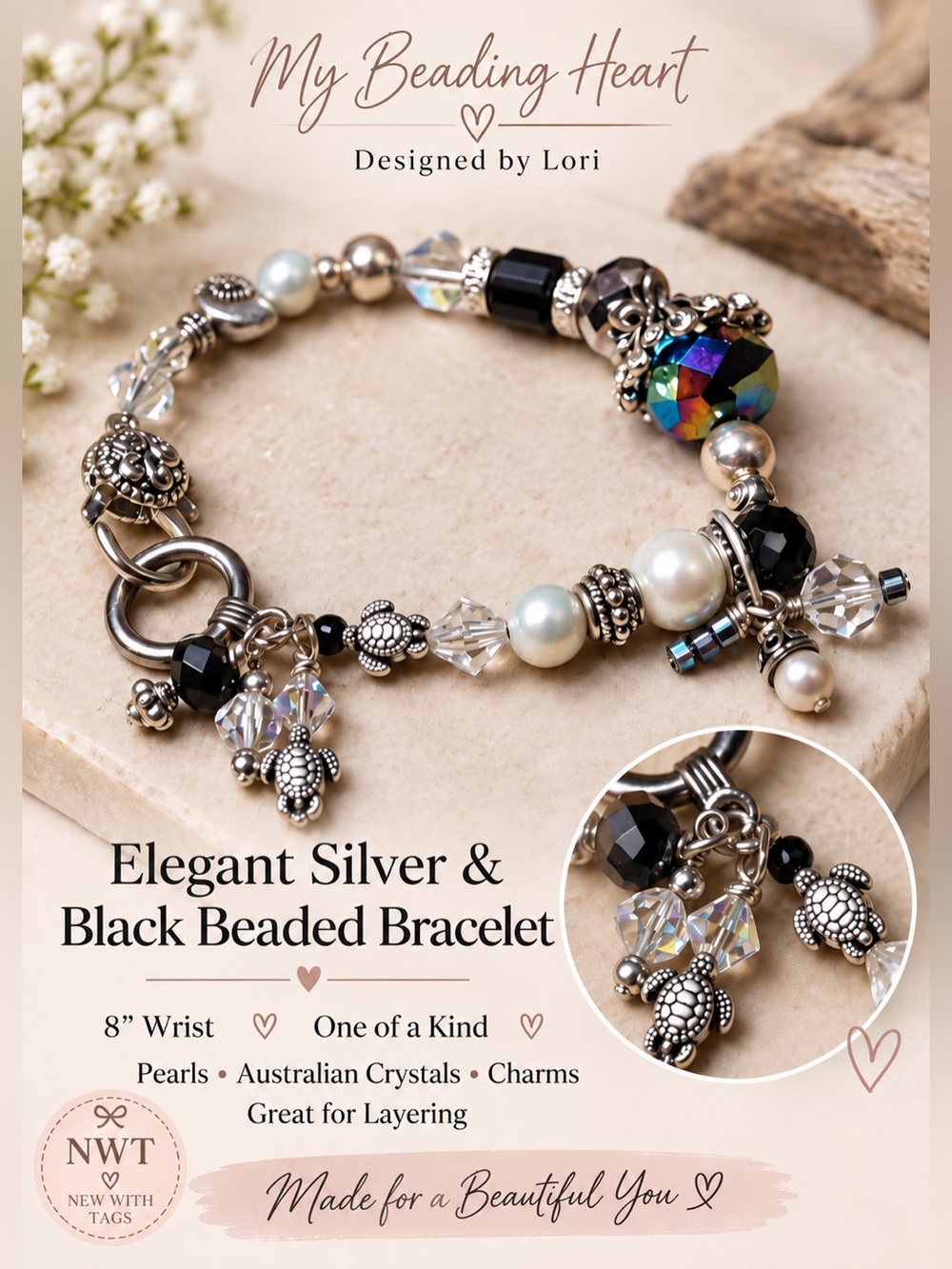 My Beading Heart by Lori - Elegant Silver and Black Beaded Bracelet NWT